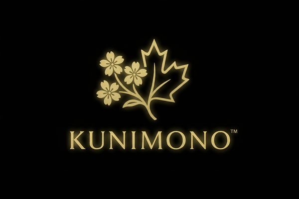 Kunimono logo with golden sakura and maple leaf design on black background with TM symbol
